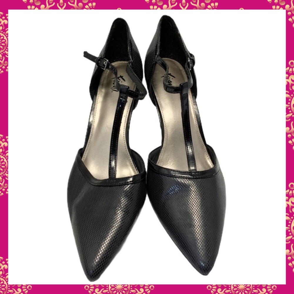 Fioni Black Pointy Toe T Strap Heels- Size 10 - Picture 1 of 14